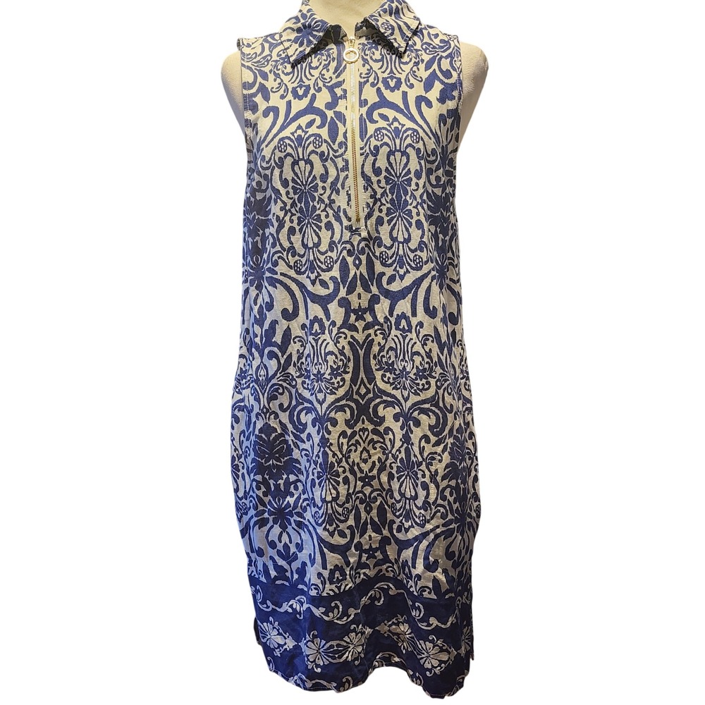 Casa Cabana Blue White Damask Linen Blend Sleeveless Quarter Zip Shift Dress S